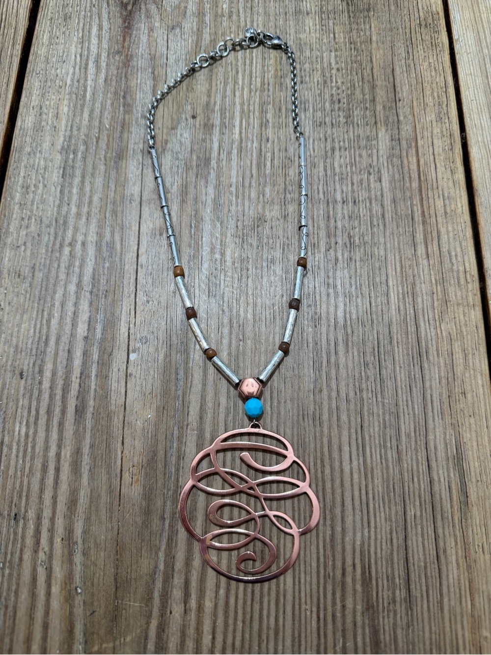 BRIGHTON SCRIBBLE Copper Silver Turquoise Large Statement Pendant NECKLACE